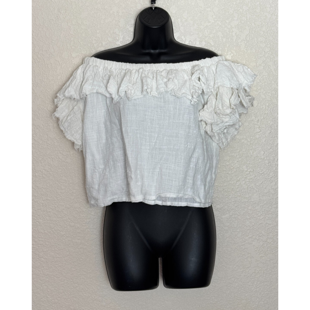 SIR. The Label Crop Top White Textured Cotton Boho Ruffle Off the Shoulder, 6